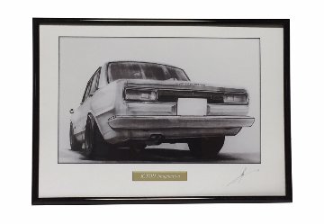 ハコスカ ４ドア GT-R 前期 リア　【鉛筆画】イラスト A4サイズ 額入り画像
