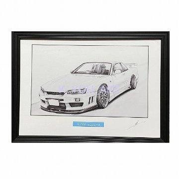 スカイラインR34　25GTクーペ 【鉛筆画】イラスト A4サイズ 額入りの画像