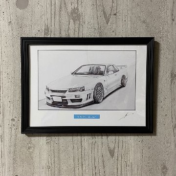 スカイラインR34　25GTクーペ 【鉛筆画】イラスト A4サイズ 額入りの画像