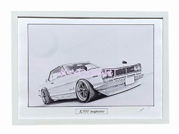 ハコスカ GTR 2ドア カスタム 【鉛筆画】イラスト A4サイズ 額入りの画像