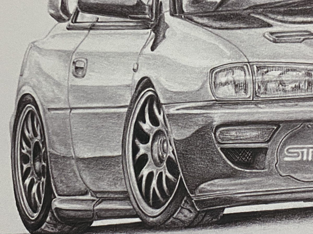 スバル インプレッサ　22B ST i  【鉛筆画】イラスト A4サイズ 額入りの画像