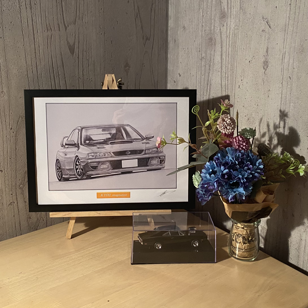 スバル インプレッサ　22B ST i  【鉛筆画】イラスト A4サイズ 額入りの画像