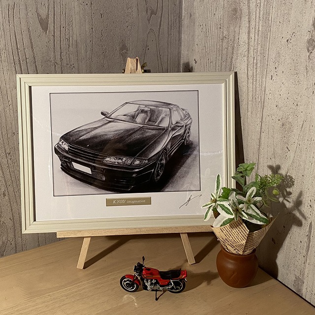 スカイライン R32 GT-R 【鉛筆画】イラスト A4サイズ 額入り画像