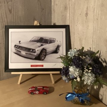 ケンメリ 2ドア GT-R 【鉛筆画】イラスト A4サイズ 額入りの画像