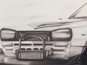 スカイライン　ハコスカレーシング 【鉛筆画】イラスト A4サイズ 額入りの画像