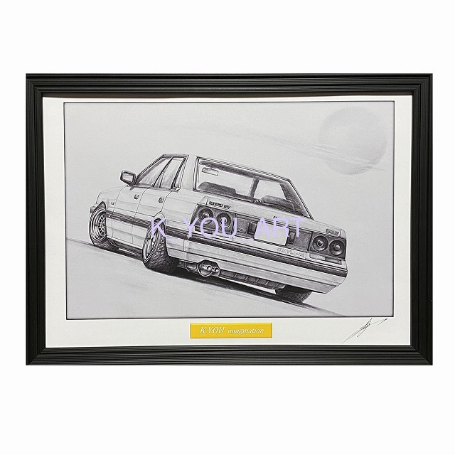 車の鉛筆画 木製フレーム付き K-YOU-ART