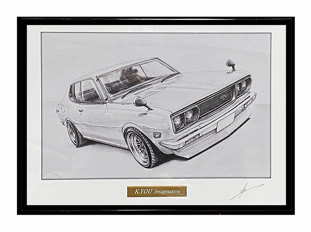 車の鉛筆画 木製フレーム付き K-YOU-ART