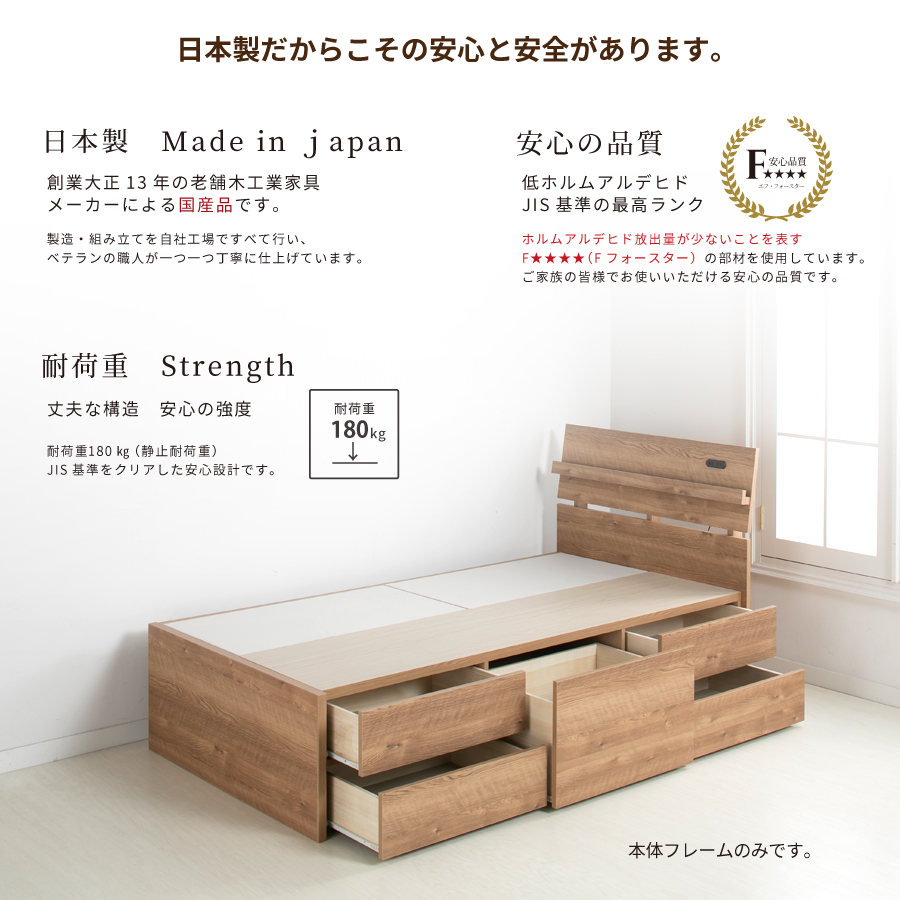 配達日指定可能 チェストベッド ダブル ベッド 日本製 5杯引出 ＢＯＸ 収納ベッド 国産ベッド 大容量収納 薄型カウンター フレーム コンセント スライドレール 北欧調　ルーヴェンの画像