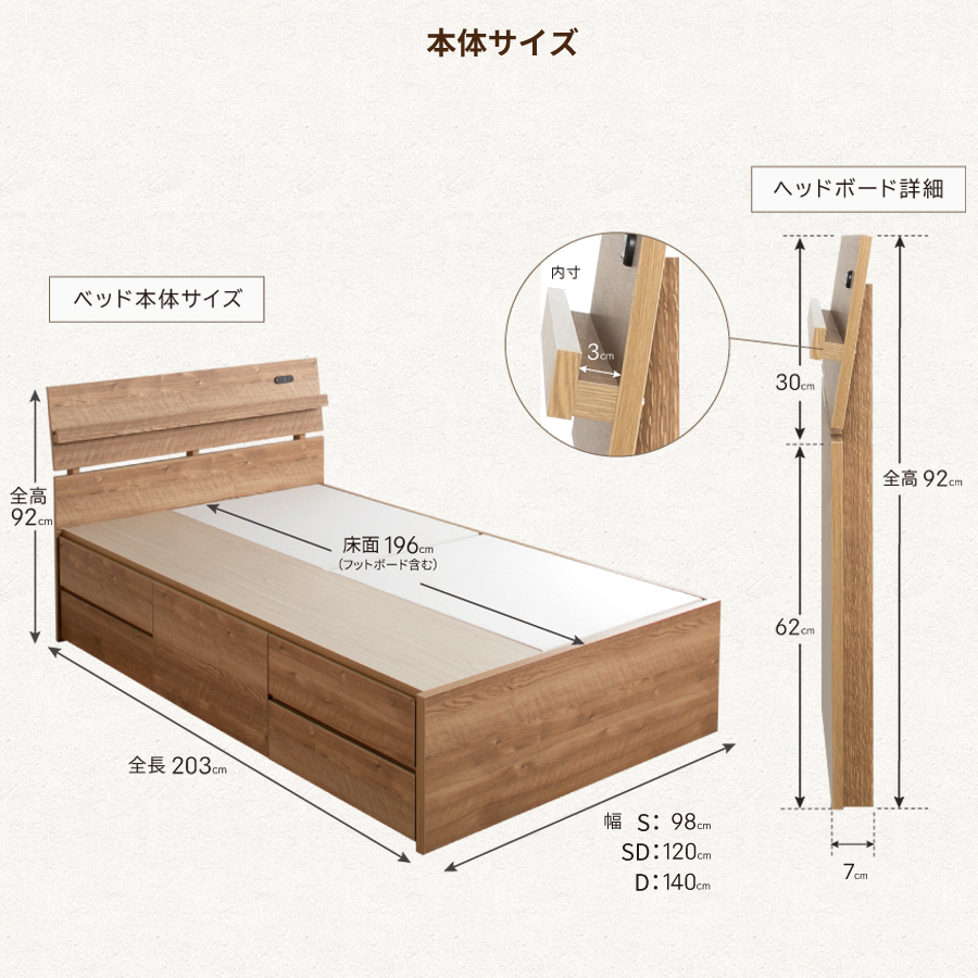 配達日指定可能 チェストベッド ダブル ベッド 日本製 5杯引出 ＢＯＸ 収納ベッド 国産ベッド 大容量収納 薄型カウンター フレーム コンセント スライドレール 北欧調　ルーヴェンの画像
