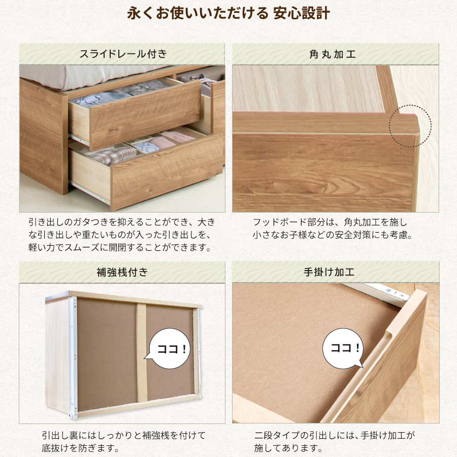 配達日指定可能 チェストベッド ダブル ベッド 日本製 5杯引出 ＢＯＸ 収納ベッド 国産ベッド 大容量収納 薄型カウンター フレーム コンセント スライドレール 北欧調　ルーヴェンの画像
