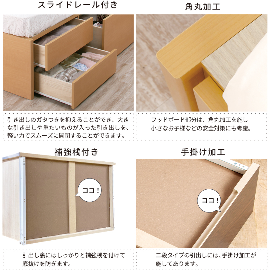 配達日指定可能 チェストベッド ダブルベッド 日本製 5杯引出 ＢＯＸ 収納ベッド 国産ベッド 大容量収納 薄型カウンター フレーム パネル スライドレール パークスの画像
