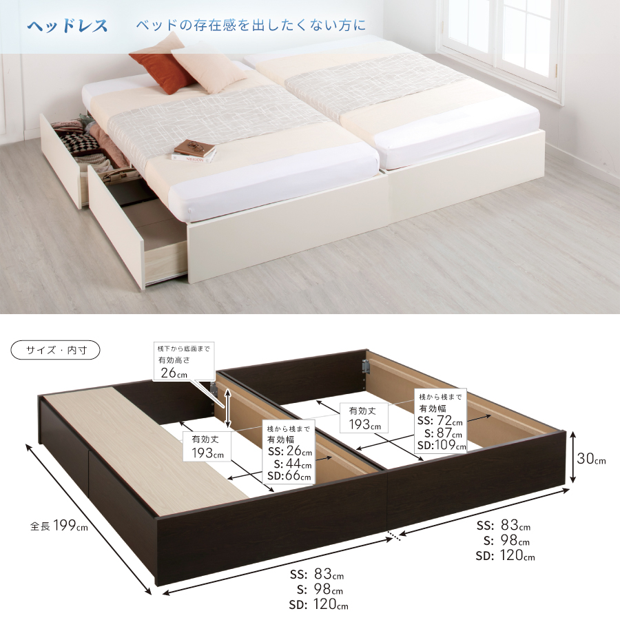 連結ベッド シングル＋セミダブル　引出し2杯付き 引出無し 2台 収納付き 日本製 大容量収納 ヘッドレス 棚付き　フレーム コンセント スライドレール  ベッド 連結金具付 H300 W220 の画像