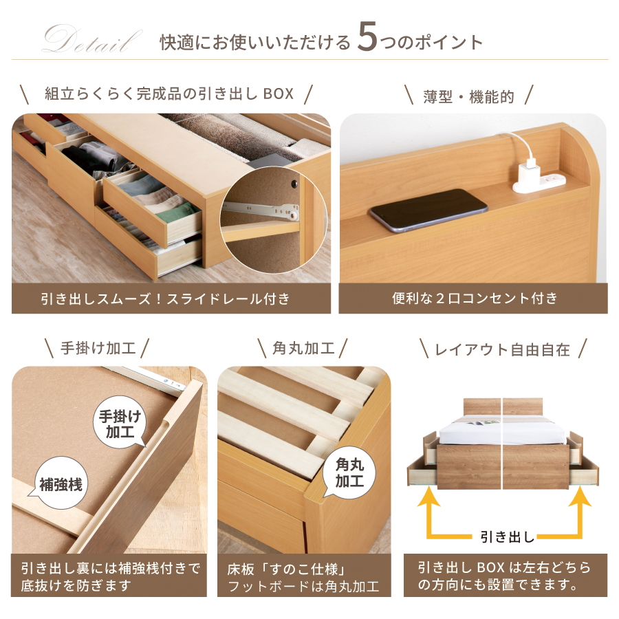 収納付き すのこベッド　チェストベッド 大型 国産ベッド 日本製 セミシングル／シングル／セミダブル 5杯　引出 ＢＯＸ型  すのこ 布団 　本体のみ　薄型カウンター 省スペース ゲイル　3020の画像