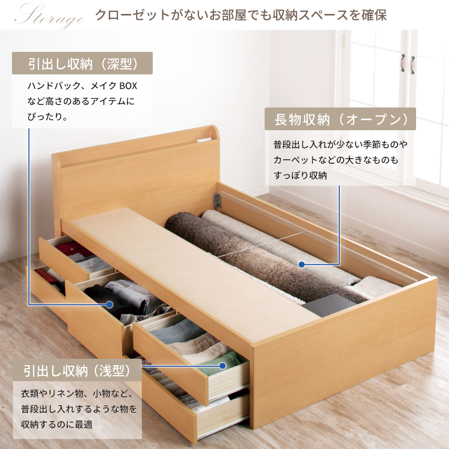 収納付き すのこベッド　チェストベッド 大型 国産ベッド 日本製 セミシングル／シングル／セミダブル 5杯　引出 ＢＯＸ型  すのこ 布団 　本体のみ　薄型カウンター 省スペース ゲイル　3020の画像