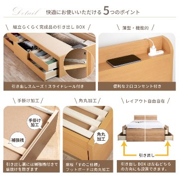 収納付き すのこベッド　チェストベッド 大型 国産ベッド 日本製 セミシングル／シングル／セミダブル 5杯　引出 ＢＯＸ型  すのこ 布団 　本体のみ　薄型カウンター 省スペース ゲイル　3020の画像