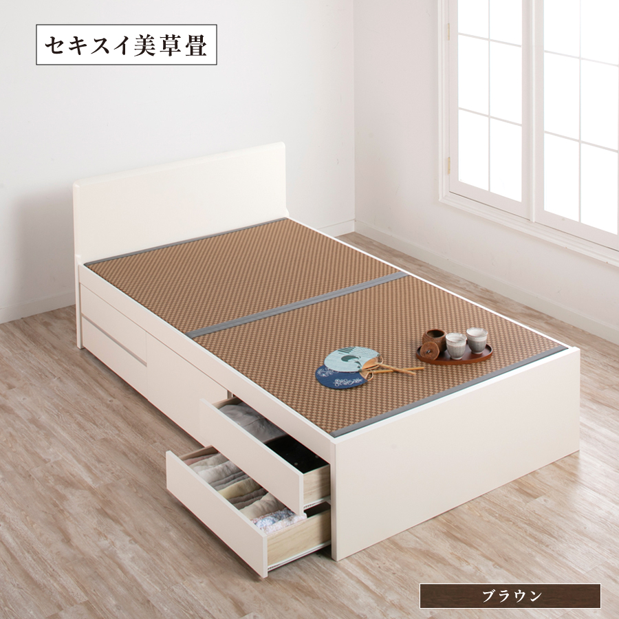 引出収納畳ベッド 5杯引出し 日本製 国産 美草畳 シングル／セミダブル 大容量収納 引出スライドレール付き送料込み あかつき 美草畳 フラットパネルの画像