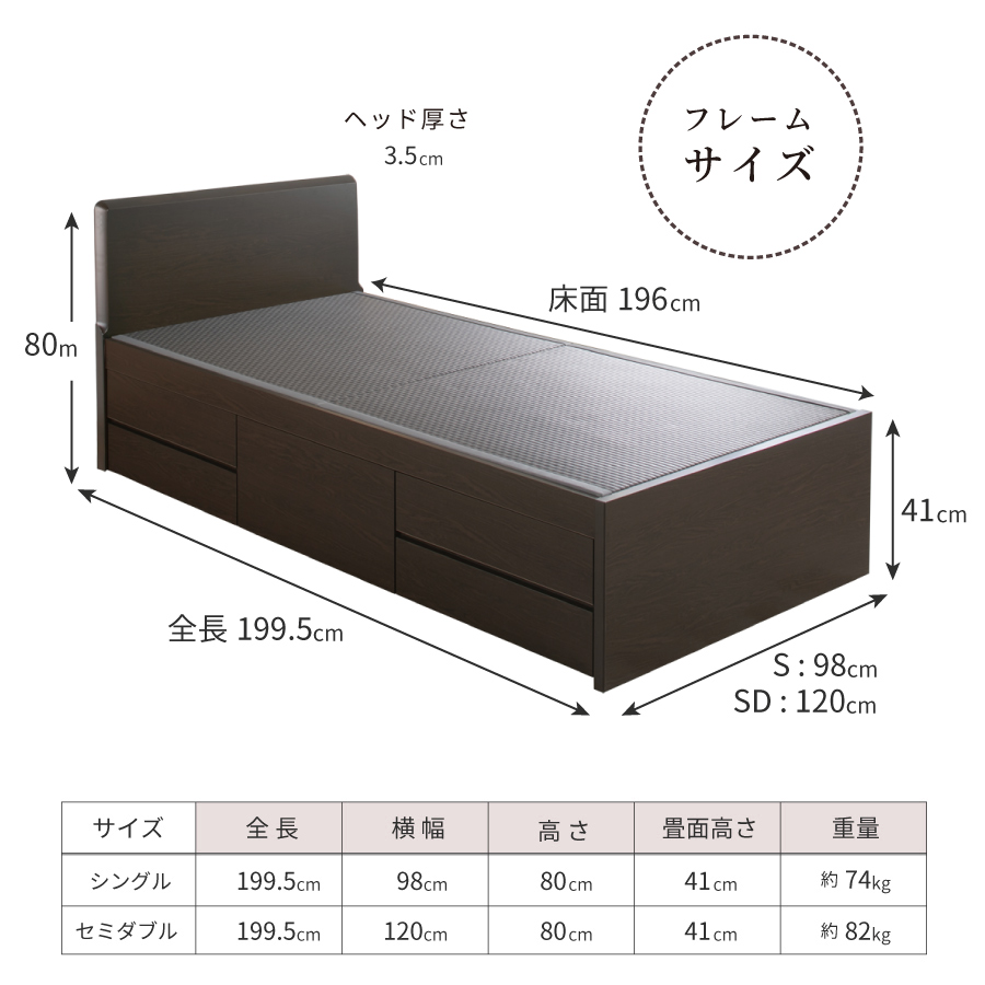 引出収納畳ベッド 5杯引出し 日本製 国産 美草畳 シングル／セミダブル 大容量収納 引出スライドレール付き送料込み あかつき 美草畳 フラットパネルの画像