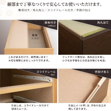 引出収納畳ベッド 5杯引出し 日本製 国産 美草畳 シングル／セミダブル 大容量収納 引出スライドレール付き送料込み あかつき 美草畳 フラットパネルの画像