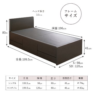 引出収納畳ベッド 5杯引出し 日本製 国産 美草畳 シングル／セミダブル 大容量収納 引出スライドレール付き送料込み あかつき 美草畳 フラットパネルの画像