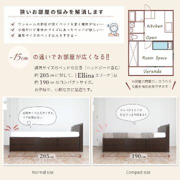 日本製 5杯引出 収納 セミシングルショート／シングルショート　ベッド チェストベッド コンパクト 薄型カウンター 省スペース  ベッドフレーム コンセント  全長 190cm エリーナの画像