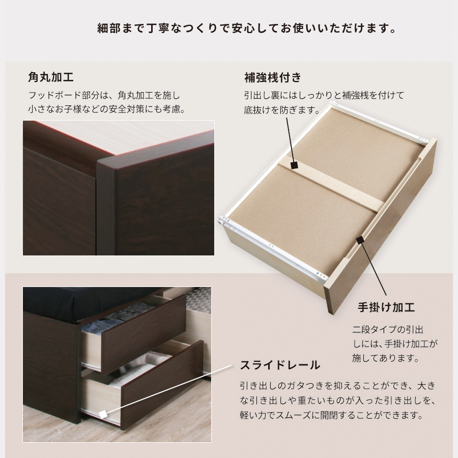 配達日指定可能 チェストベッド セミシングル／シングル／セミダブル 日本製 5杯引出 ＢＯＸ 収納ベッド 国産ベッド 大容量収納 薄型カウンター フレームのみ コンセント スライドレール マクレーンの画像