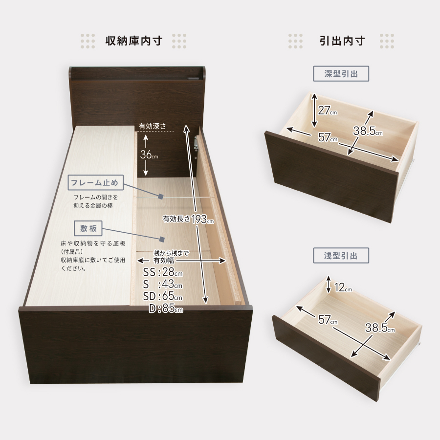 配達日指定可能 チェストベッド セミシングル／シングル／セミダブル 日本製 5杯引出 ＢＯＸ 収納ベッド 国産ベッド 大容量収納 薄型カウンター フレームのみ コンセント スライドレール マクレーンの画像