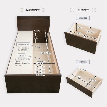 配達日指定可能 チェストベッド セミシングル／シングル／セミダブル 日本製 5杯引出 ＢＯＸ 収納ベッド 国産ベッド 大容量収納 薄型カウンター フレームのみ コンセント スライドレール マクレーンの画像