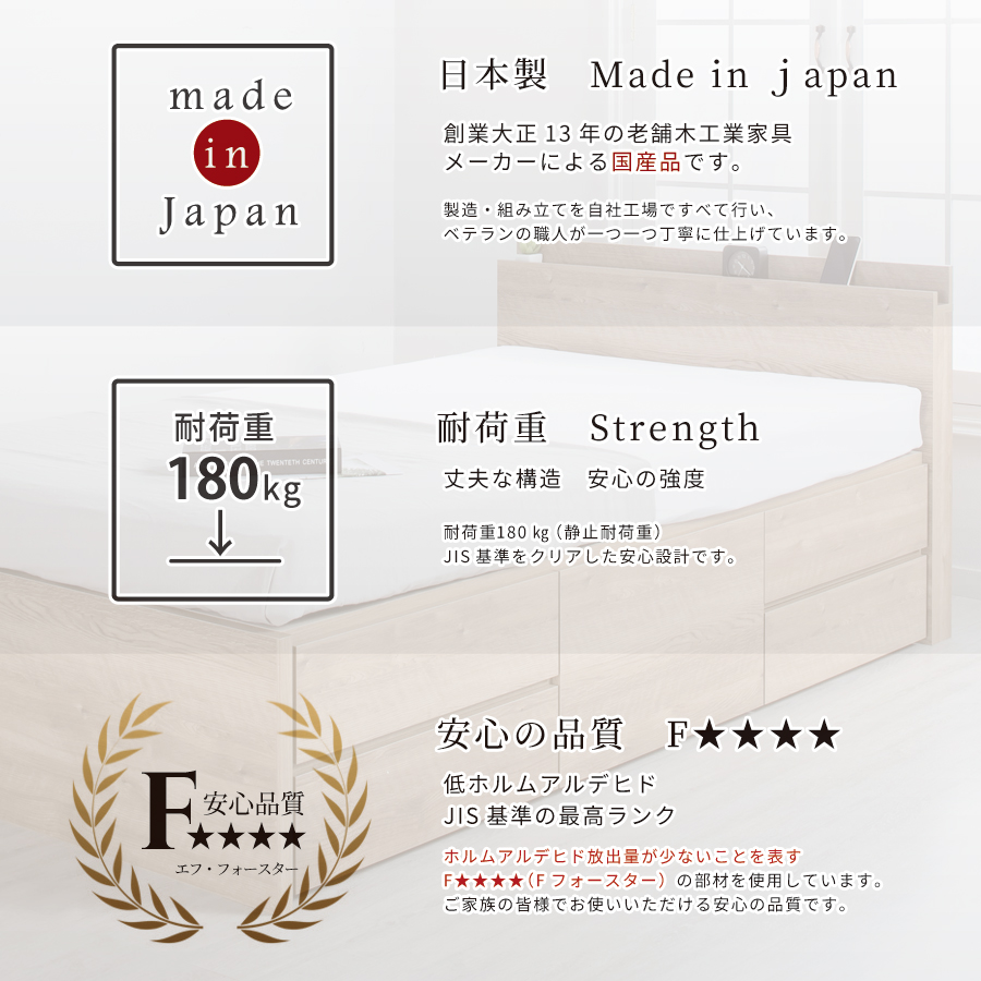 配達日指定可能 チェストベッド ダブル ベッド 日本製 5杯引出 ＢＯＸ 収納ベッド 国産 大容量収納 薄型カウンター フレームのみ コンセント スライドレール ローバーの画像