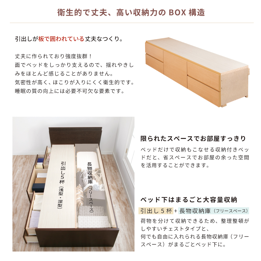 配達日指定可能 チェストベッド ダブル ベッド 日本製 5杯引出 ＢＯＸ 収納ベッド 国産 大容量収納 薄型カウンター フレームのみ コンセント スライドレール ローバーの画像