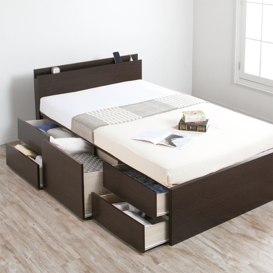 配達日指定可能 チェストベッド ダブル ベッド 日本製 5杯引出 ＢＯＸ 収納ベッド 国産 大容量収納 薄型カウンター フレーム コンセント スライドレール ローバーの画像