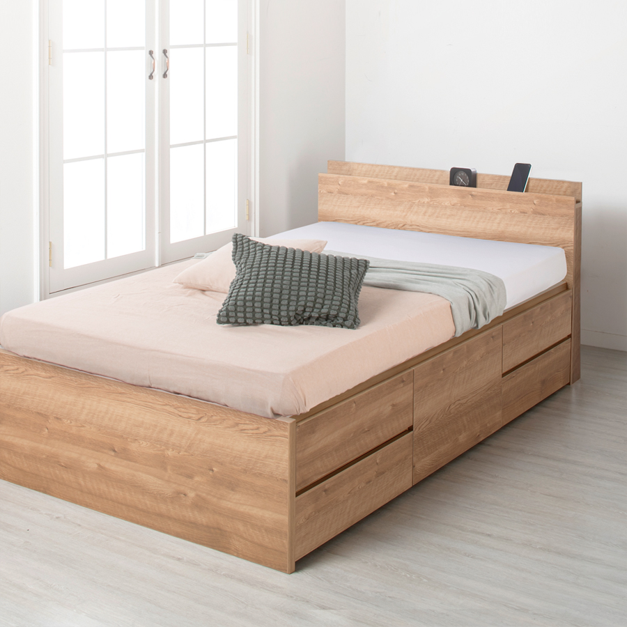 配達日指定可能 チェストベッド ダブル ベッド 日本製 5杯引出 ＢＯＸ 収納ベッド 国産 大容量収納 薄型カウンター フレーム コンセント スライドレール ローバーの画像