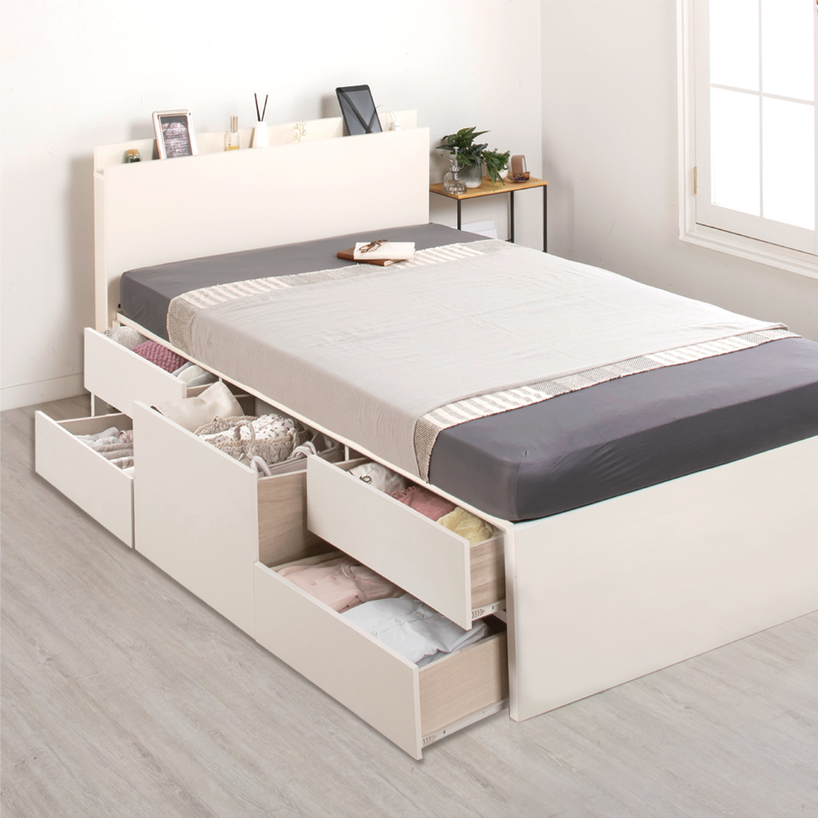 配達日指定可能 チェストベッド ダブル ベッド 日本製 5杯引出 ＢＯＸ 収納ベッド 国産 大容量収納 薄型カウンター フレーム コンセント スライドレール ローバーの画像