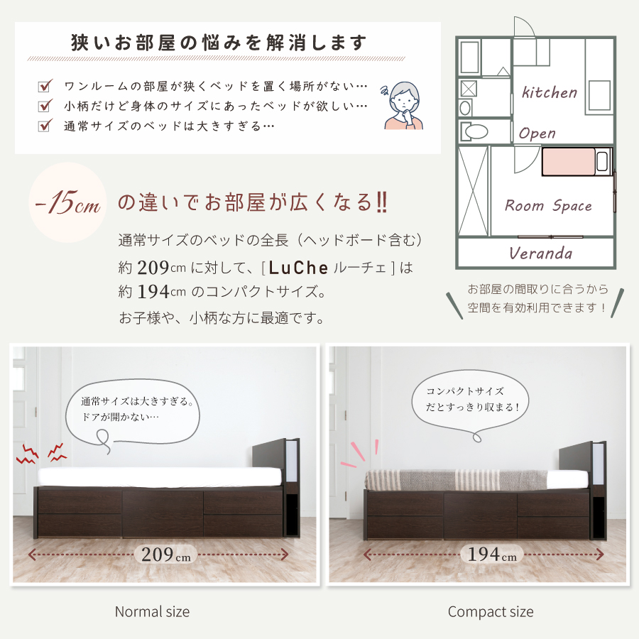 引出し収納ベッド　小さめ　コンパクト セミシングルショート／シングルショート 日本製 5杯引出 収納ベッド 国産 大容量収納 照明　収納棚 フレームのみ コンセント スライドレール ルーチェの画像