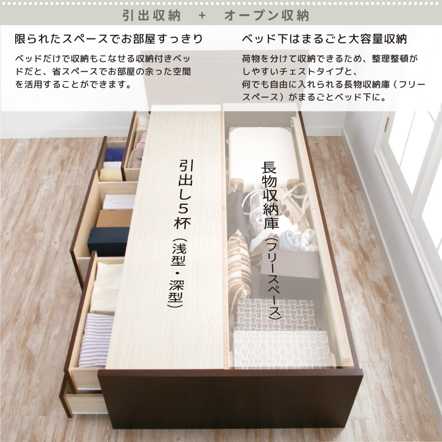 引出し収納ベッド　小さめ　コンパクト セミシングルショート／シングルショート 日本製 5杯引出 収納ベッド 国産 大容量収納 照明　収納棚 フレームのみ コンセント スライドレール ルーチェの画像