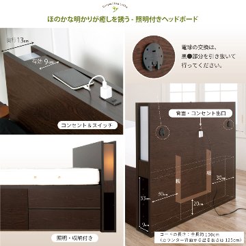 引出し収納ベッド　小さめ　コンパクト セミシングルショート／シングルショート 日本製 5杯引出 収納ベッド 国産 大容量収納 照明　収納棚 フレームのみ コンセント スライドレール ルーチェの画像