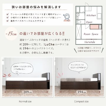 引出し収納ベッド　小さめ　コンパクト セミシングルショート／シングルショート 日本製 5杯引出 収納ベッド 国産 大容量収納 照明　収納棚 フレームのみ コンセント スライドレール ルーチェの画像