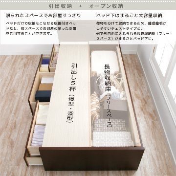 引出し収納ベッド　小さめ　コンパクト セミシングルショート／シングルショート 日本製 5杯引出 収納ベッド 国産 大容量収納 照明　収納棚 フレームのみ コンセント スライドレール ルーチェの画像