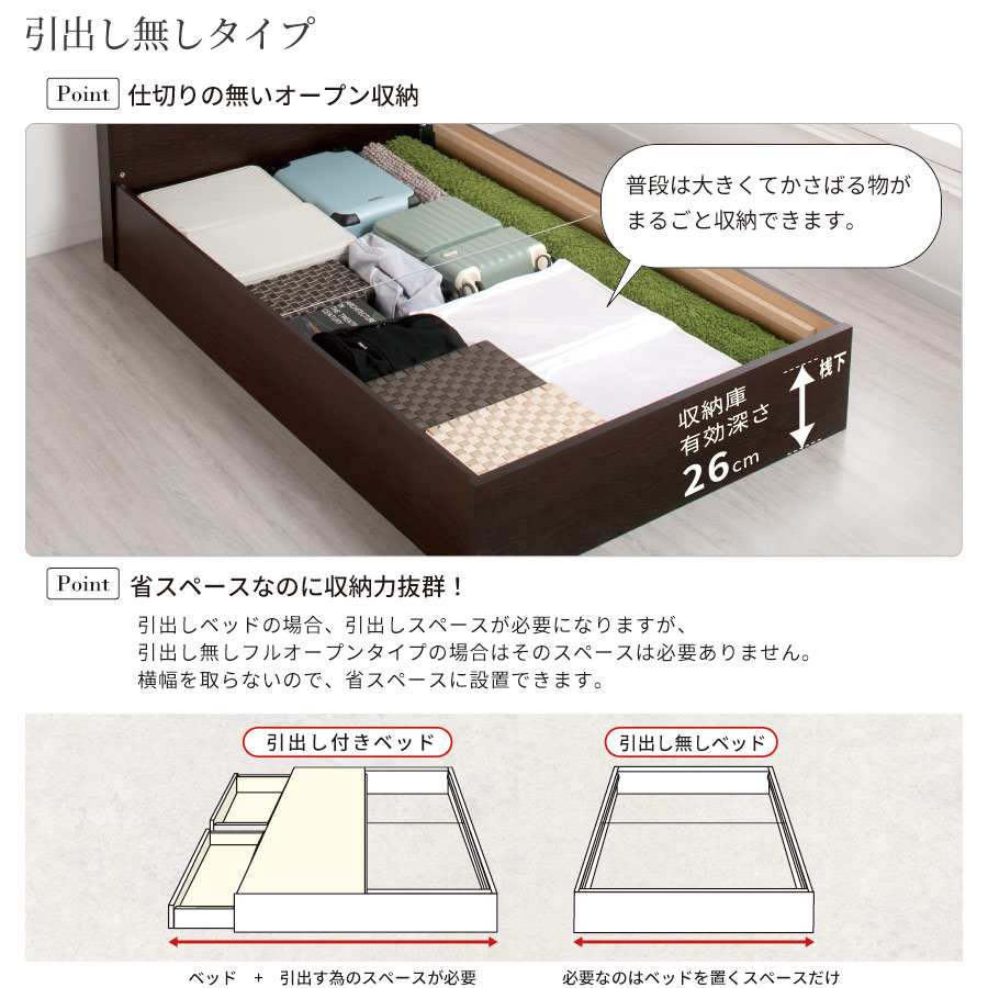 連結ベッド 引出し2杯付き 引出無し セミシングル 2台 収納付き 日本製 大容量収納 ヘッドレス 棚付　フレーム コンセント スライドレール  ベッド 連結金具付 H300 クイーン W166の画像
