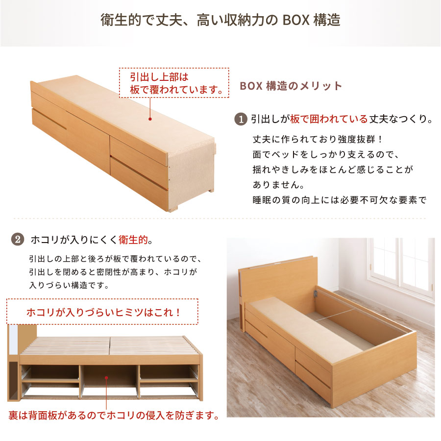 収納付き すのこベッド　チェストベッド 大型 国産ベッド 日本製 SS／S／SD 5杯　引出 ＢＯＸ型 チェスト ベッド すのこ 布団 照明・収納付きカウンター　ベッド ラシータの画像