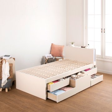 収納付き 小さめ チェストベッド セミシングルショート／シングルショート ベッド すのこ 日本製 5杯引出 ＢＯＸ 国産  コンパクト 照明・収納付きカウンター 省スペース  ベッドフレーム　ルフレの画像