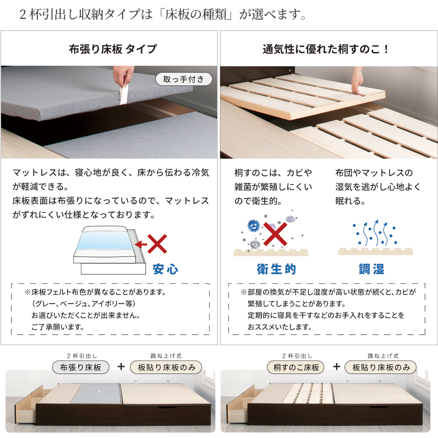 連結ベッド SS/S　引出し2杯付き ガス圧式 2台 収納付き 日本製 大容量収納 ヘッドレス 棚付き　フレーム コンセント スライドレール  ベッド 連結金具 H300 キング W180g の画像