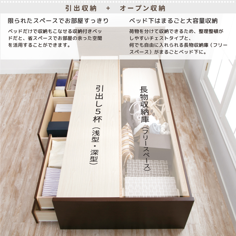 日本製 5杯引出 収納 セミシングル／シングル ショートベッド チェストベッド コンパクト  省スペース  ベッドフレーム コンセント  全長 198.5cm カナロアの画像