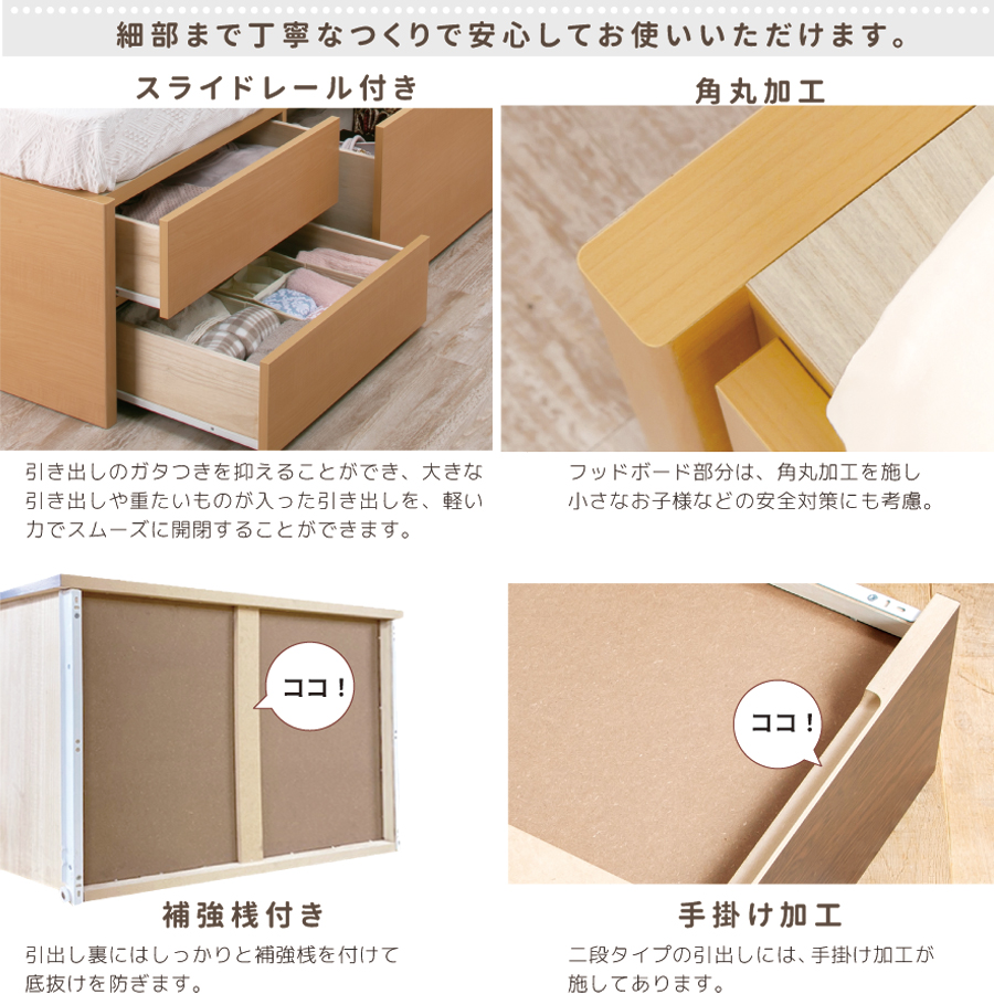 日本製 5杯引出 収納 セミシングル／シングル ショートベッド チェストベッド コンパクト  省スペース  ベッドフレーム コンセント  全長 198.5cm カナロアの画像