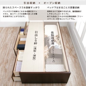 日本製 5杯引出 収納 セミシングル／シングル ショートベッド チェストベッド コンパクト  省スペース  ベッドフレーム コンセント  全長 198.5cm カナロアの画像