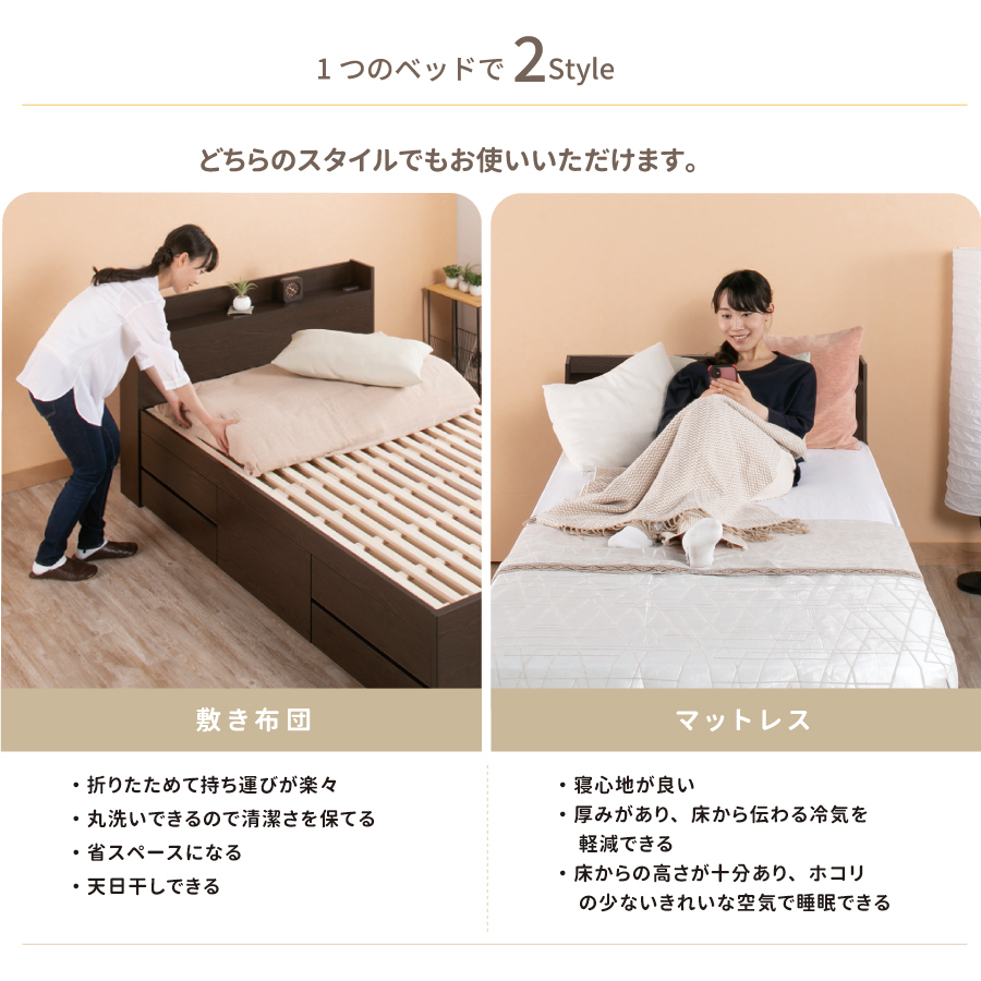 収納付き すのこベッド　チェストベッド 大型 国産ベッド 日本製 セミシングル／シングル／セミダブル 5杯　引出 ＢＯＸ型  すのこ 布団 　本体のみ　奥行のあるカウンター  グリフの画像