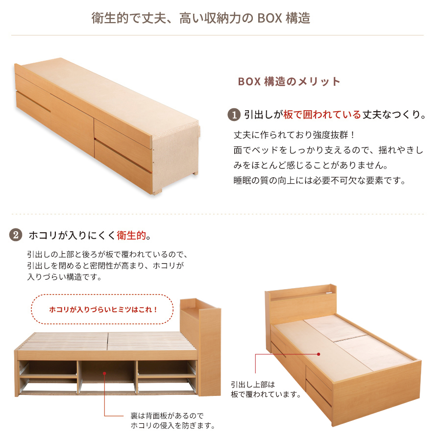 収納付き すのこベッド　チェストベッド 大型 国産ベッド 日本製 セミシングル／シングル／セミダブル 5杯　引出 ＢＯＸ型  すのこ 布団 　本体のみ　奥行のあるカウンター  グリフの画像