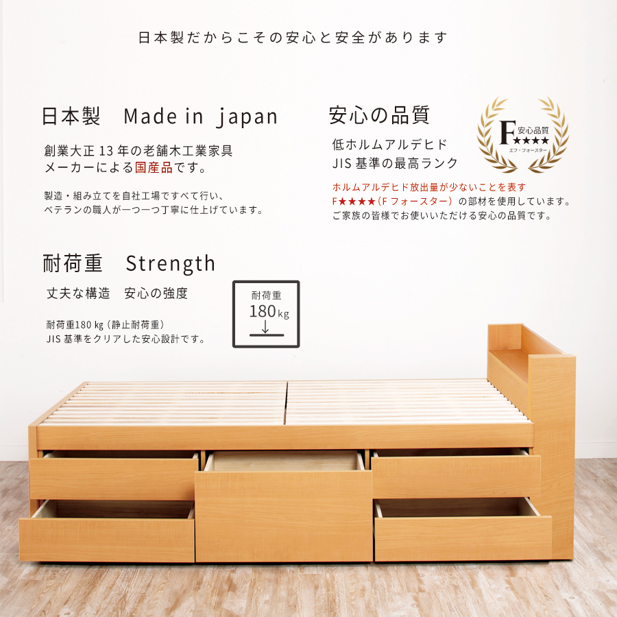 収納付き すのこベッド　チェストベッド 大型 国産ベッド 日本製 セミシングル／シングル／セミダブル 5杯　引出 ＢＯＸ型  すのこ 布団 　本体のみ　奥行のあるカウンター  グリフの画像
