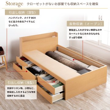 収納付き すのこベッド　チェストベッド 大型 国産ベッド 日本製 セミシングル／シングル／セミダブル 5杯　引出 ＢＯＸ型  すのこ 布団 　本体のみ　奥行のあるカウンター  グリフの画像