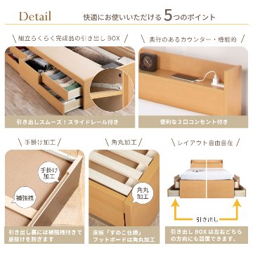 収納付き すのこベッド　チェストベッド 大型 国産ベッド 日本製 セミシングル／シングル／セミダブル 5杯　引出 ＢＯＸ型  すのこ 布団 　本体のみ　奥行のあるカウンター  グリフの画像