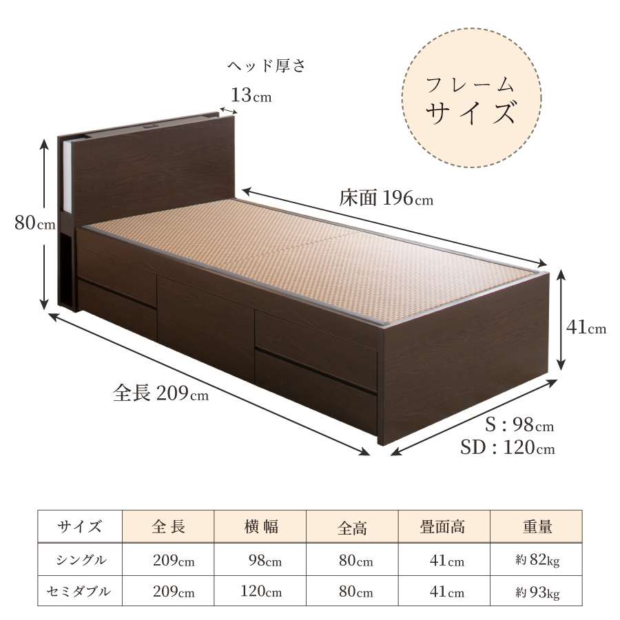 引出収納畳ベッド  日本製 国産 美草畳 シングル／セミダブル コンセント 収納 引出スライドレール付き 送料込み  あかつき 暁月 照明付きカウンターの画像